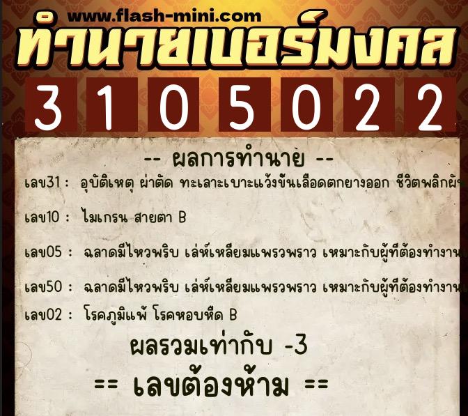 ทำนายเบอร์มงคล 0XX-3105022  ทำนายเบอร์มงคล หมายเลข 066-310502 