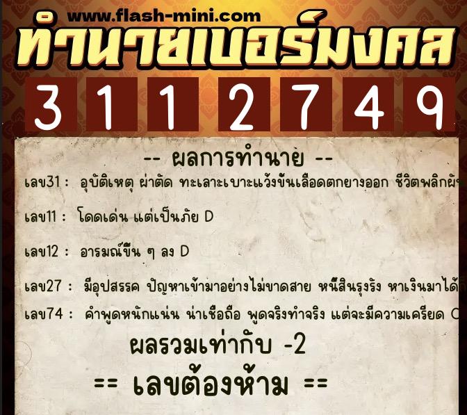 ทำนายเบอร์มงคล 0XX-3112749  ทำนายเบอร์มงคล หมายเลข 096-311274 