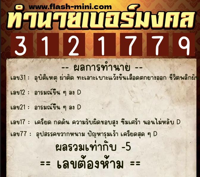 ทำนายเบอร์มงคล 0XX-3121779  ทำนายเบอร์มงคล หมายเลข 080-312177 