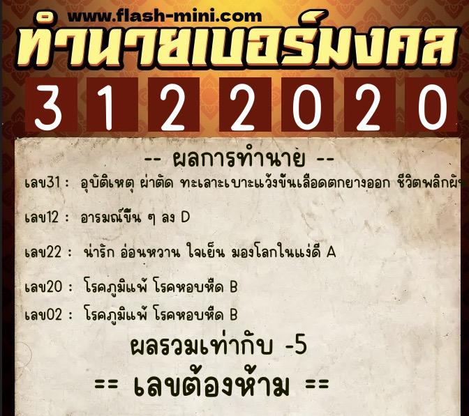 ทำนายเบอร์มงคล 0XX-3122020  ทำนายเบอร์มงคล หมายเลข 095-312202 