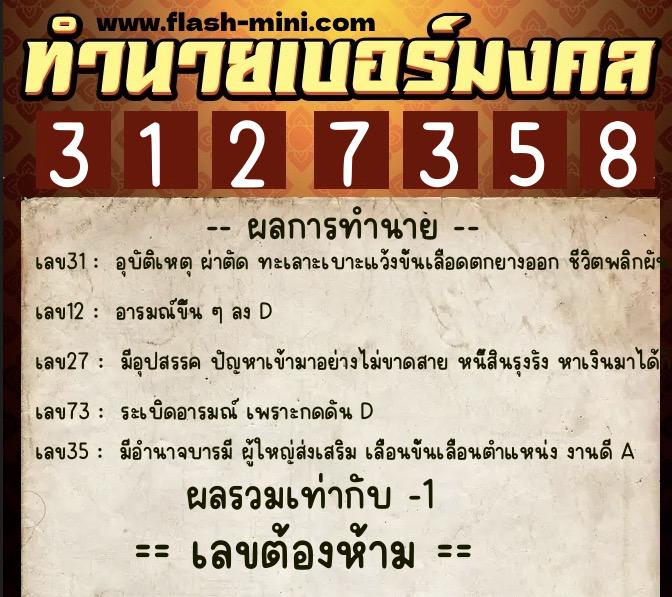 ทำนายเบอร์มงคล 0XX-3127358  ทำนายเบอร์มงคล หมายเลข 094-312735 