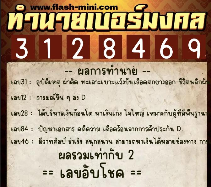 ทำนายเบอร์มงคล 0XX-3128469  ทำนายเบอร์มงคล หมายเลข 099-312846 