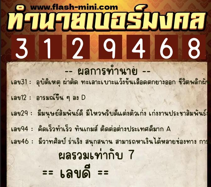 ทำนายเบอร์มงคล 0XX-3129468  ทำนายเบอร์มงคล หมายเลข 066-312946 
