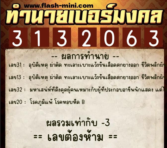 ทำนายเบอร์มงคล 0XX-3132063  ทำนายเบอร์มงคล หมายเลข 068-313206 