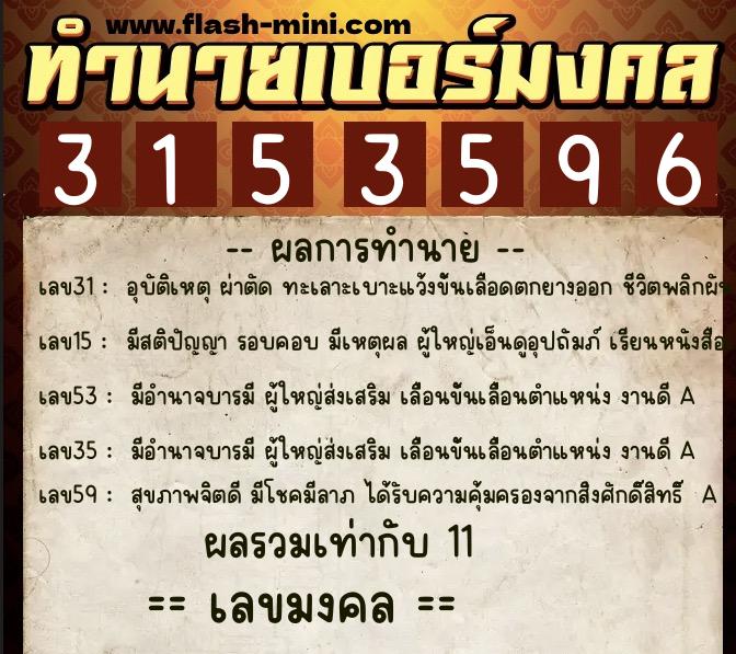 ทำนายเบอร์มงคล 0XX-3153596  ทำนายเบอร์มงคล หมายเลข 065-315359 