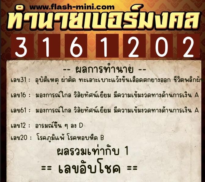 ทำนายเบอร์มงคล 0XX-3161202  ทำนายเบอร์มงคล หมายเลข 069-316120 