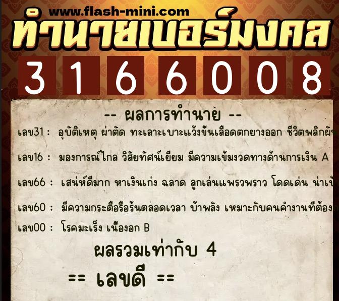 ทำนายเบอร์มงคล 0XX-3166008  ทำนายเบอร์มงคล หมายเลข 089-316600 