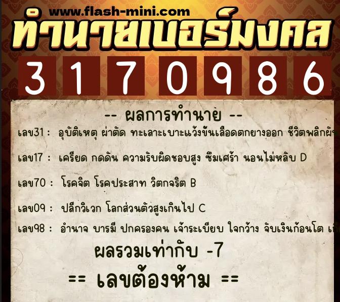 ทำนายเบอร์มงคล 0XX-3170986  ทำนายเบอร์มงคล หมายเลข 088-317098 