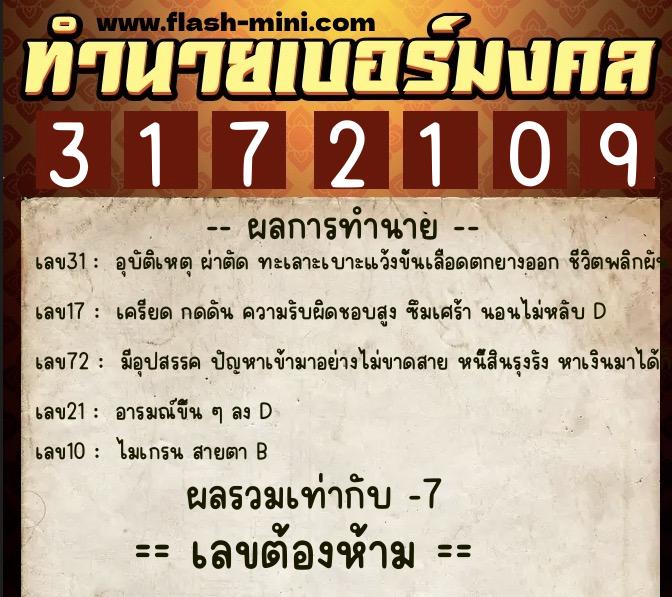 ทำนายเบอร์มงคล 0XX-3172109  ทำนายเบอร์มงคล หมายเลข 065-317210 