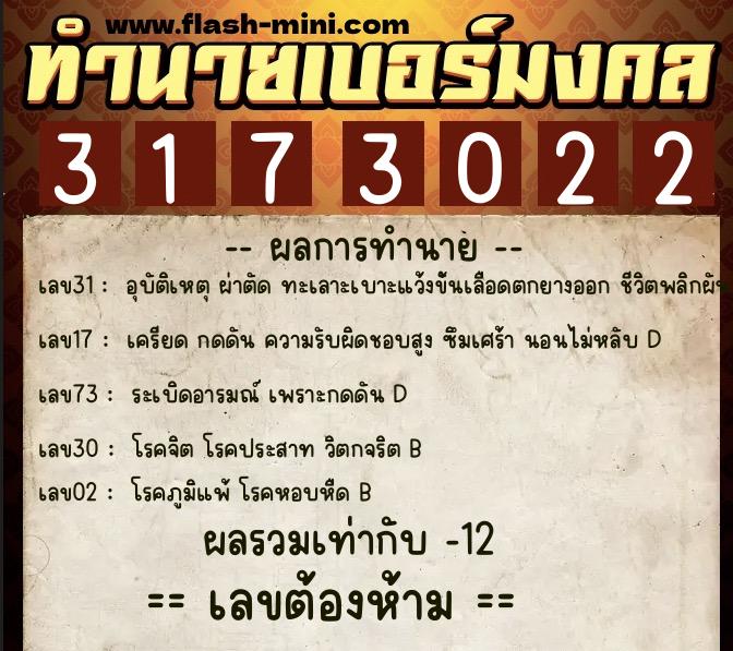 ทำนายเบอร์มงคล 0XX-3173022  ทำนายเบอร์มงคล หมายเลข 065-317302 