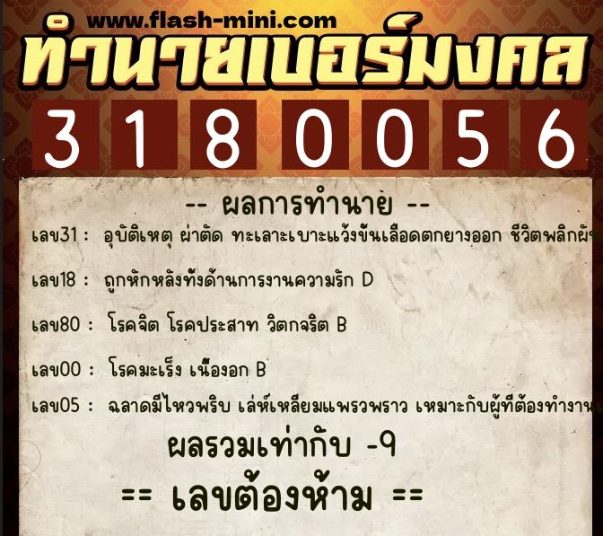 ทำนายเบอร์มงคล 0XX-3180056  ทำนายเบอร์มงคล หมายเลข 084-318005 