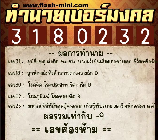 ทำนายเบอร์มงคล 0XX-3180232  ทำนายเบอร์มงคล หมายเลข 082-318023 