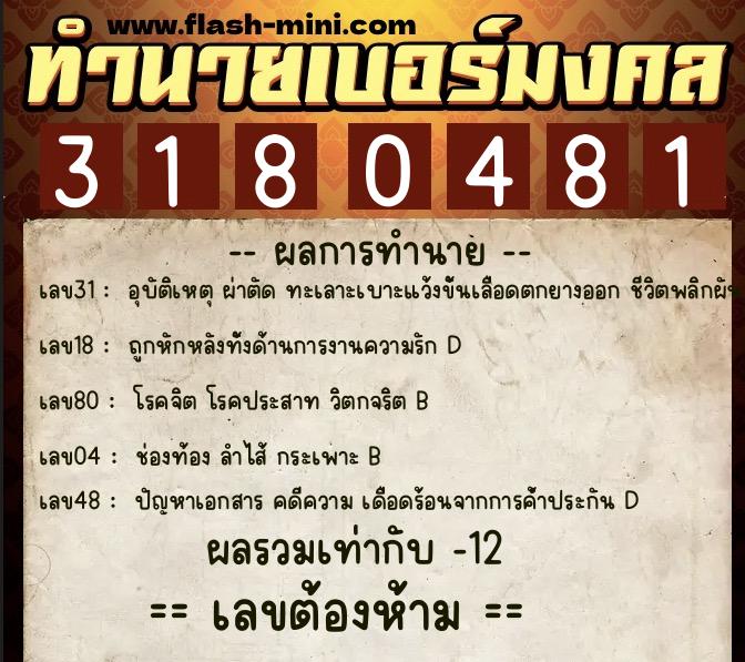ทำนายเบอร์มงคล 0XX-3180481  ทำนายเบอร์มงคล หมายเลข 099-318048 