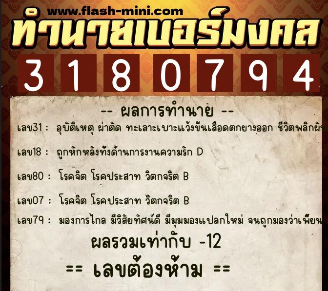 ทำนายเบอร์มงคล 0XX-3180794  ทำนายเบอร์มงคล หมายเลข 080-318079 