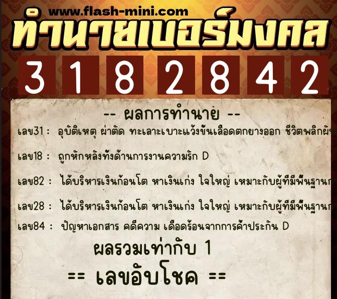 ทำนายเบอร์มงคล 0XX-3182842  ทำนายเบอร์มงคล หมายเลข 092-318284 