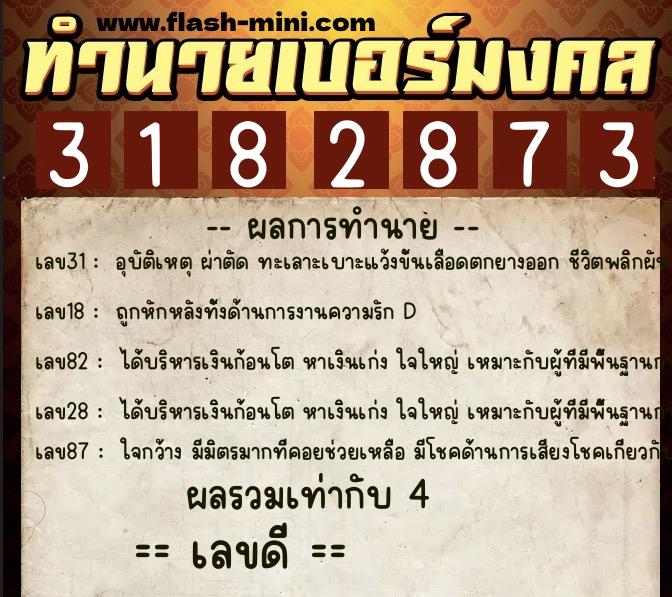 ทำนายเบอร์มงคล 0XX-3182873  ทำนายเบอร์มงคล หมายเลข 098-318287 