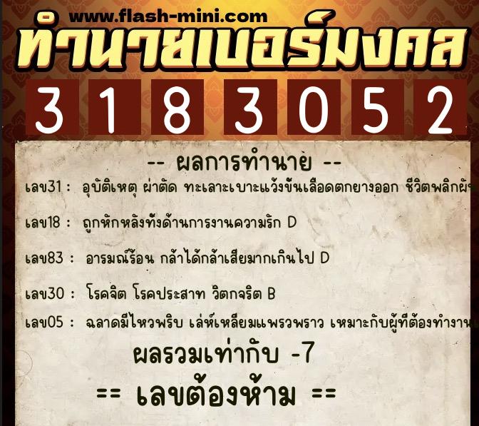 ทำนายเบอร์มงคล 0XX-3183052  ทำนายเบอร์มงคล หมายเลข 062-318305 