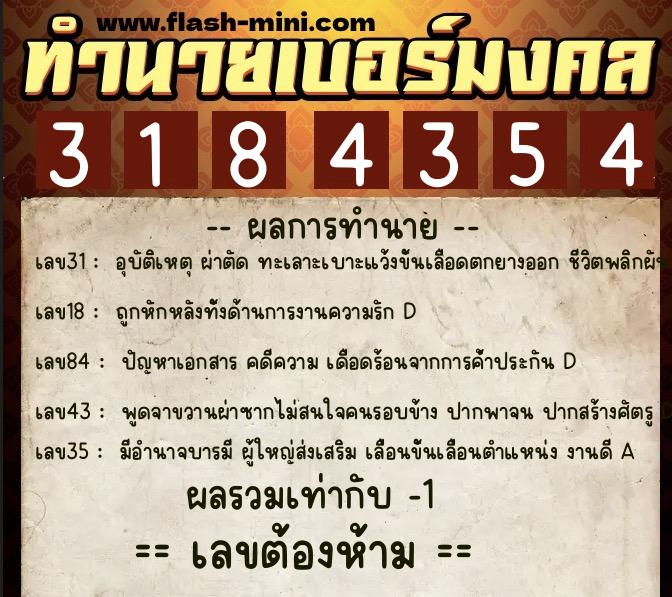 ทำนายเบอร์มงคล 0XX-3184354  ทำนายเบอร์มงคล หมายเลข 084-318435 