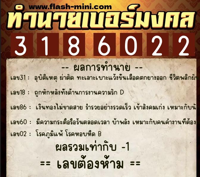 ทำนายเบอร์มงคล 0XX-3186022  ทำนายเบอร์มงคล หมายเลข 080-318602 