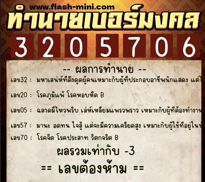 ทำนายเบอร์มงคล 0XX-3205706  ทำนายเบอร์มงคล หมายเลข 068-320570 