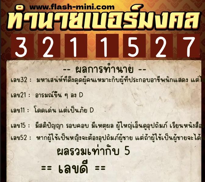ทำนายเบอร์มงคล 0XX-3211527  ทำนายเบอร์มงคล หมายเลข 066-321152 