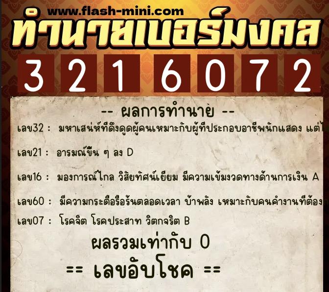 ทำนายเบอร์มงคล 0XX-3216072  ทำนายเบอร์มงคล หมายเลข 083-321607 