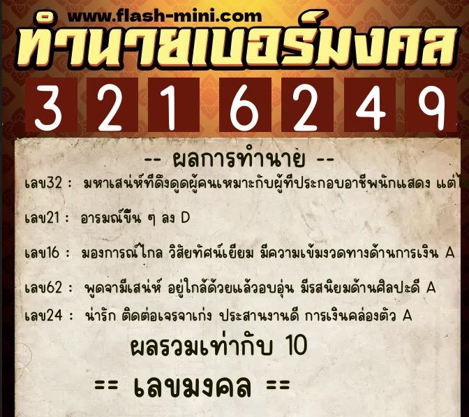 ทำนายเบอร์มงคล 0XX-3216249  ทำนายเบอร์มงคล หมายเลข 090-321624 