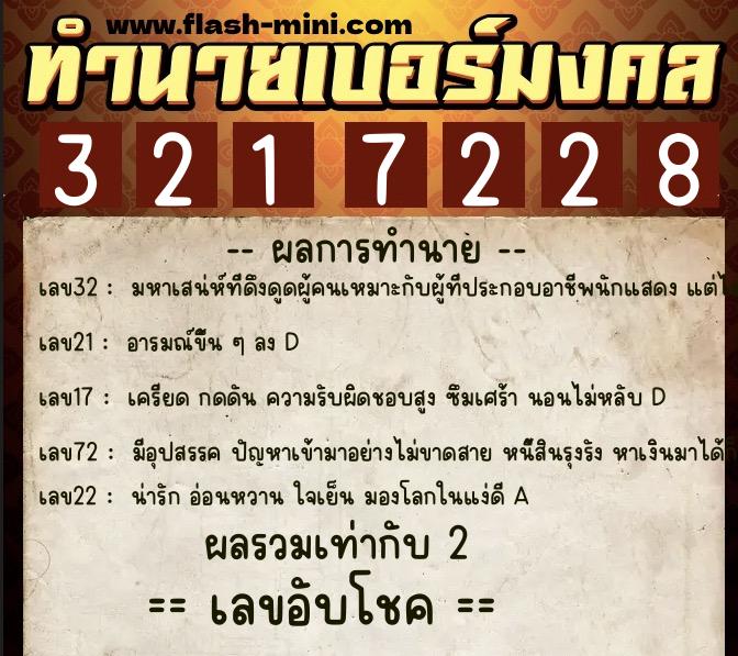ทำนายเบอร์มงคล 0XX-3217228  ทำนายเบอร์มงคล หมายเลข 081-321722 
