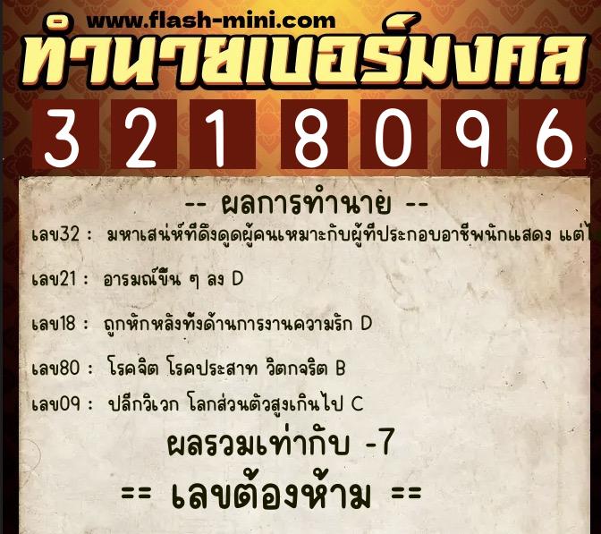 ทำนายเบอร์มงคล 0XX-3218096  ทำนายเบอร์มงคล หมายเลข 097-321809 