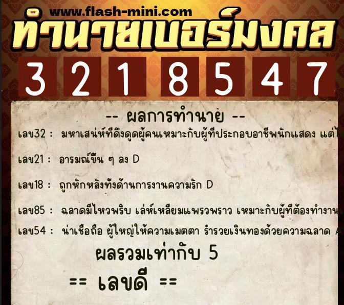 ทำนายเบอร์มงคล 0XX-3218547  ทำนายเบอร์มงคล หมายเลข 086-321854 