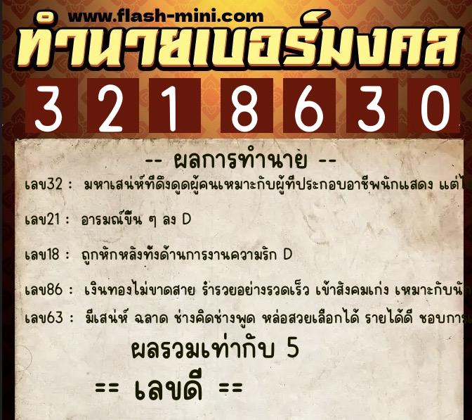 ทำนายเบอร์มงคล 0XX-3218630  ทำนายเบอร์มงคล หมายเลข 067-321863 