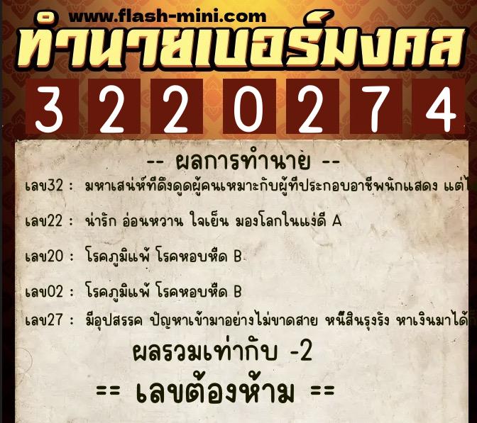 ทำนายเบอร์มงคล 0XX-3220274  ทำนายเบอร์มงคล หมายเลข 061-322027 