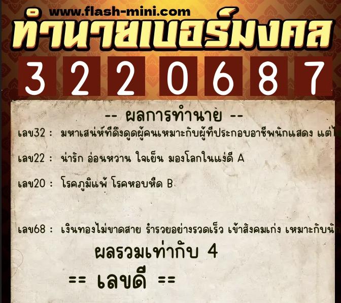 ทำนายเบอร์มงคล 0XX-3220687  ทำนายเบอร์มงคล หมายเลข 087-322068 