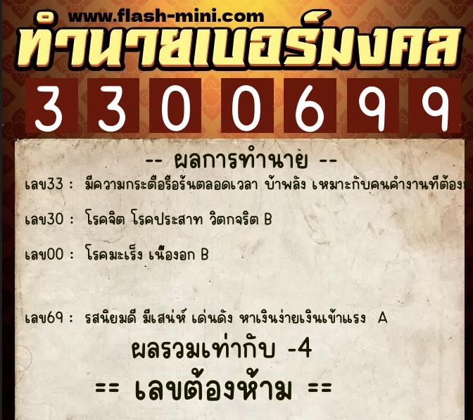 ทำนายเบอร์มงคล 0XX-3300699  ทำนายเบอร์มงคล หมายเลข 088-330069 