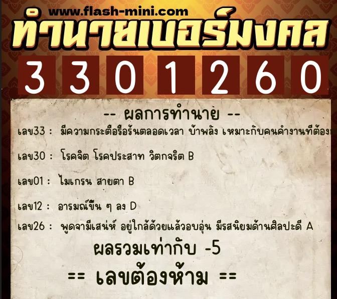ทำนายเบอร์มงคล 0XX-3301260  ทำนายเบอร์มงคล หมายเลข 069-330126 