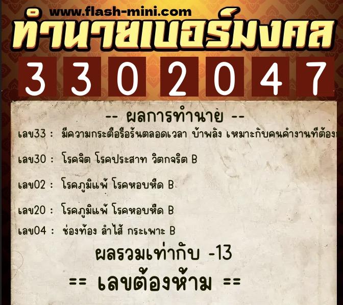 ทำนายเบอร์มงคล 0XX-3302047  ทำนายเบอร์มงคล หมายเลข 085-330204 