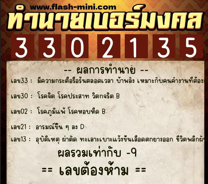 ทำนายเบอร์มงคล 0XX-3302135  ทำนายเบอร์มงคล หมายเลข 064-330213 