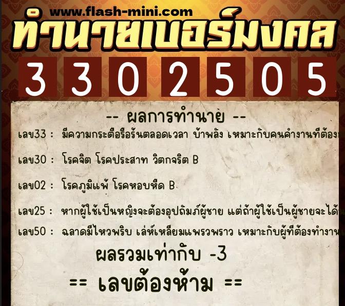 ทำนายเบอร์มงคล 0XX-3302505  ทำนายเบอร์มงคล หมายเลข 095-330250 