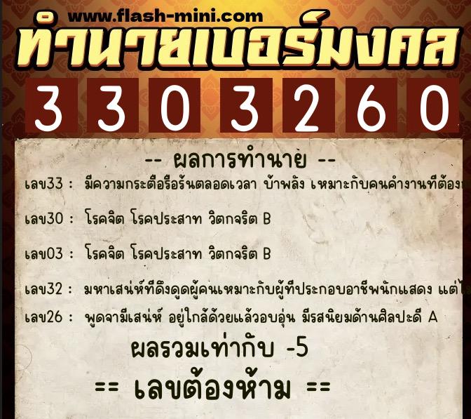ทำนายเบอร์มงคล 0XX-3303260  ทำนายเบอร์มงคล หมายเลข 068-330326 