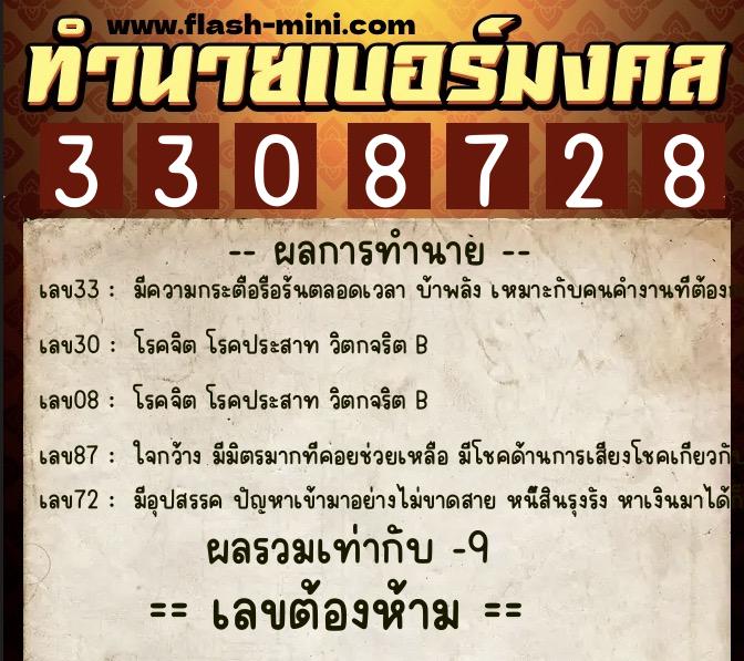 ทำนายเบอร์มงคล 0XX-3308728  ทำนายเบอร์มงคล หมายเลข 067-330872 