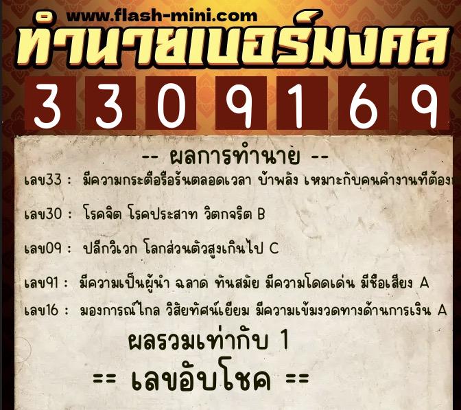 ทำนายเบอร์มงคล 0XX-3309169  ทำนายเบอร์มงคล หมายเลข 087-330916 