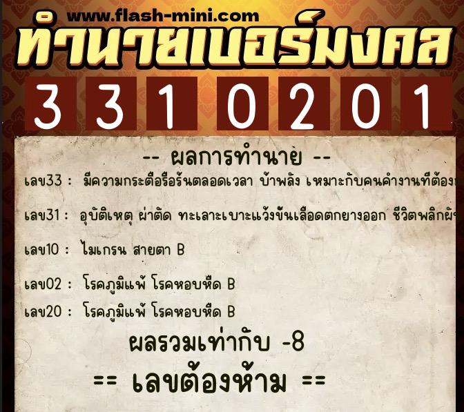 ทำนายเบอร์มงคล 0XX-3310201  ทำนายเบอร์มงคล หมายเลข 063-331020 
