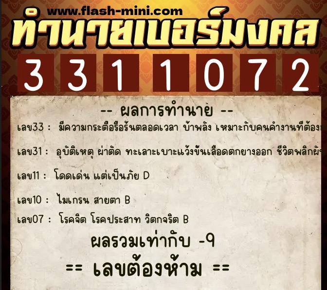 ทำนายเบอร์มงคล 0XX-3311072  ทำนายเบอร์มงคล หมายเลข 099-331107 