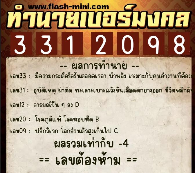 ทำนายเบอร์มงคล 0XX-3312098  ทำนายเบอร์มงคล หมายเลข 088-331209 