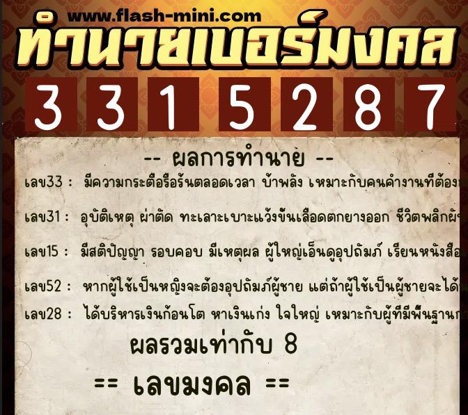 ทำนายเบอร์มงคล 0XX-3315287  ทำนายเบอร์มงคล หมายเลข 062-331528 