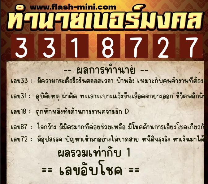 ทำนายเบอร์มงคล 0XX-3318727  ทำนายเบอร์มงคล หมายเลข 094-331872 