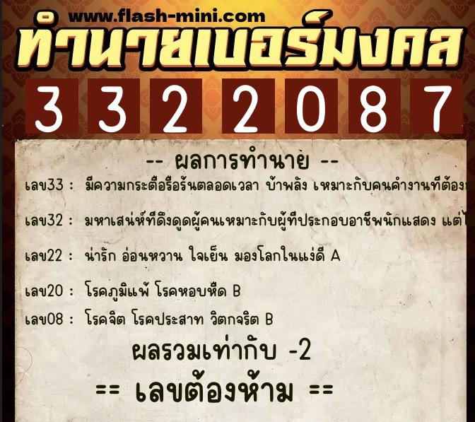 ทำนายเบอร์มงคล 0XX-3322087  ทำนายเบอร์มงคล หมายเลข 096-332208 