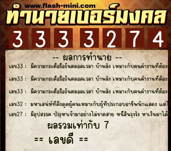 ทำนายเบอร์มงคล 0XX-3333274 ทำนายเบอร์มงคล หมายเลข 067-333327 ทำนายเบอร์มงคล 0XX-3333274 ทำนายเบอร์มงคล หมายเลข 067-333327