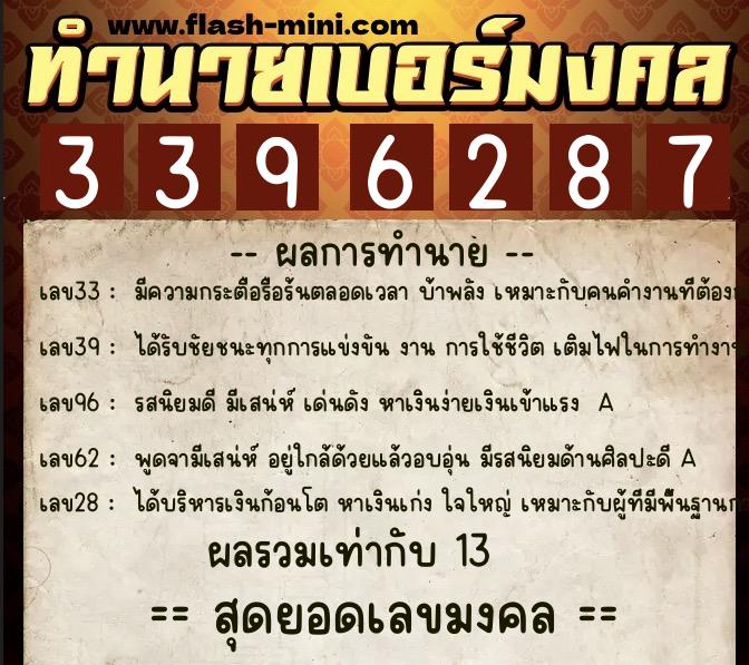 ทำนายเบอร์มงคล 0XX-3396287  ทำนายเบอร์มงคล หมายเลข 061-339628 