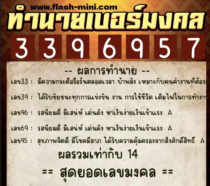 ทำนายเบอร์มงคล 0XX-3396957  ทำนายเบอร์มงคล หมายเลข 099-339695 